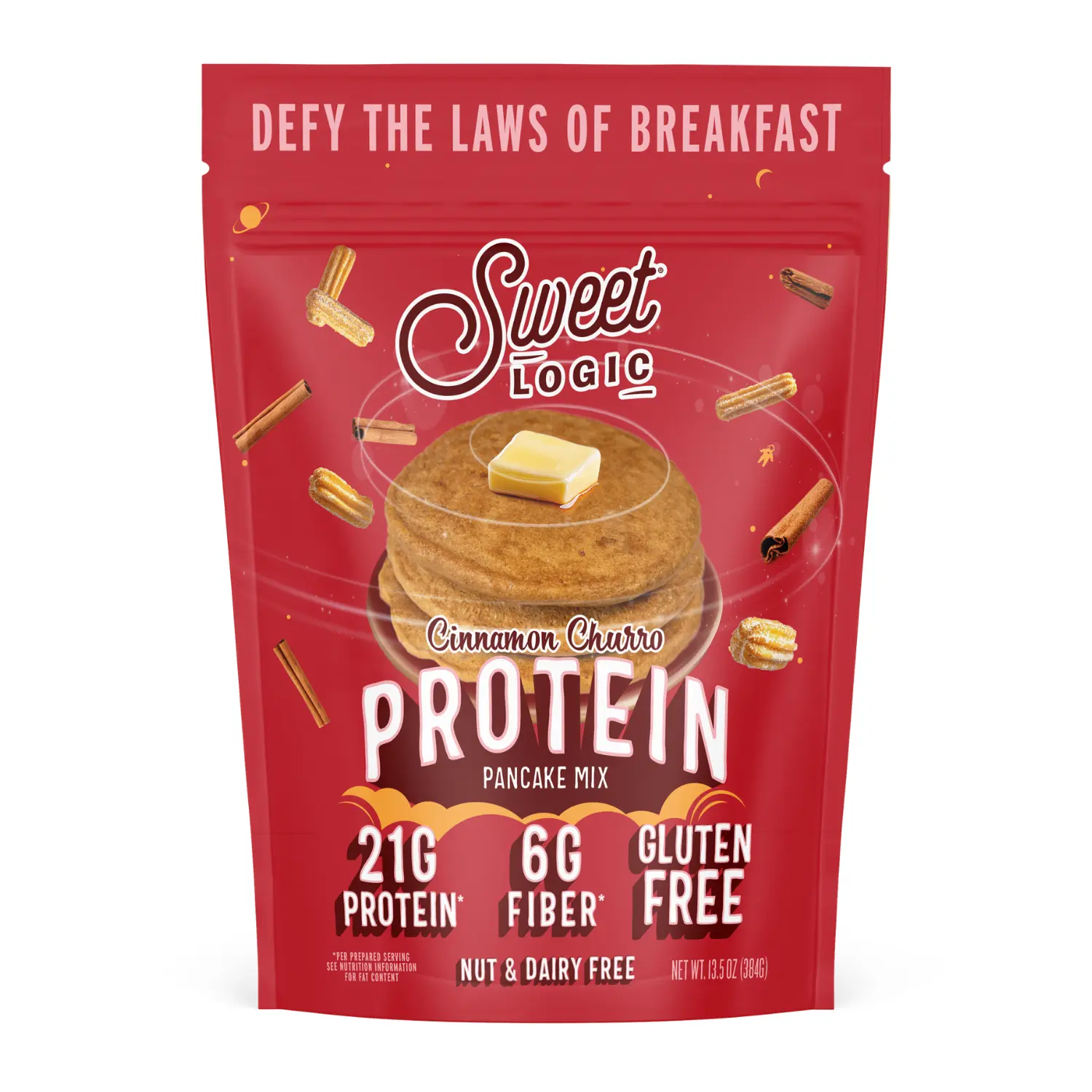 Sweet Logic Protein Pancake & Waffle Mix, 21g Protein, 6g Fiber, Gluten Free, Dairy Free with Collagen, Low Sugar, Nut Free, Cinnamon Churro Flavor, 13.5 oz Bag, 6 Servings