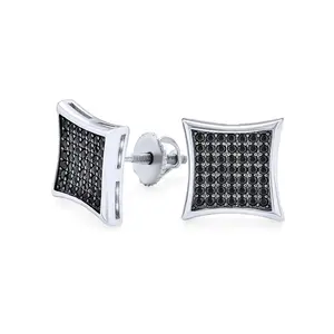Black Square Kite Shaped CZ Micro Pave Cubic Zirconia Stud Earrings .925 Silver Screw back 7-12MM
