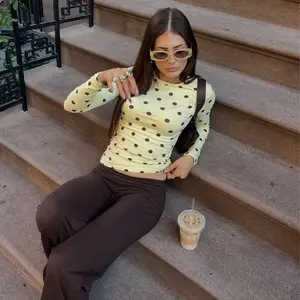 Women Polka Dots Print Long Sleeve Tops Crewneck Y2K Crop Tops Dots StretchFit T-Shirts Ladybug Costumes Halloween Cosplay Clothes
