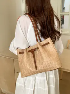 New Large Capacity Commuter Shoulder Bag, Trendy Commuting Bag, Textured Straw Patchwork Totem Bag, Vacation Style Straw Handbag, Perfect for Travel and Daily Use