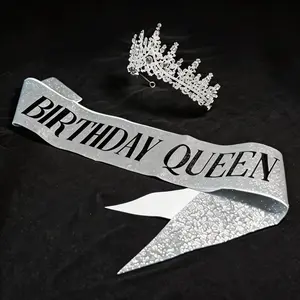 【For U Gifts】2026 NEW 2pcs Glitter Birthday Letter Shoulder Straps & Rhinestone Tiara Set Women's Birthday Queen Tiara and Sash Set - Elegant Crown Design Crystal Hair Headpiece, Fashion Accessory for 15th, 18th, 21st Birthday Parties