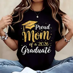 Graduation Cap Mom Of A 2026 Graduate Print Tshirt Crewneck Casual Tee For Mother Graduation Celebration,Unisex Short-Sleeve Shirt with 2025-2026 Graduation Design, Round Neck for Parties & & Gown Events
