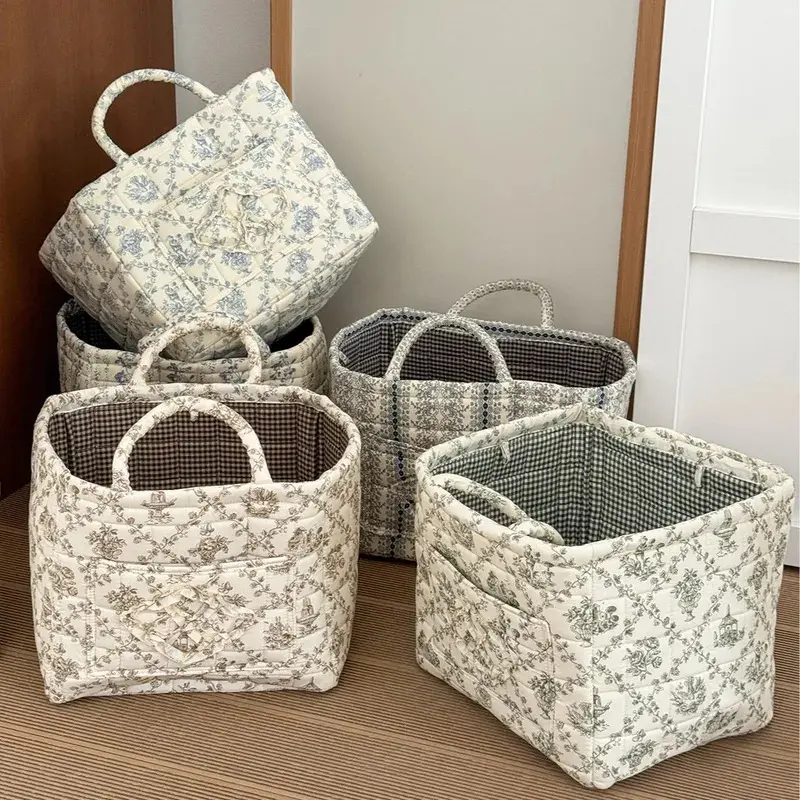 Baby Diaper Storage Basket Flower Printed Cotton Quilted Diapers Organizer Basket Portable Dirty Clothes Baskets