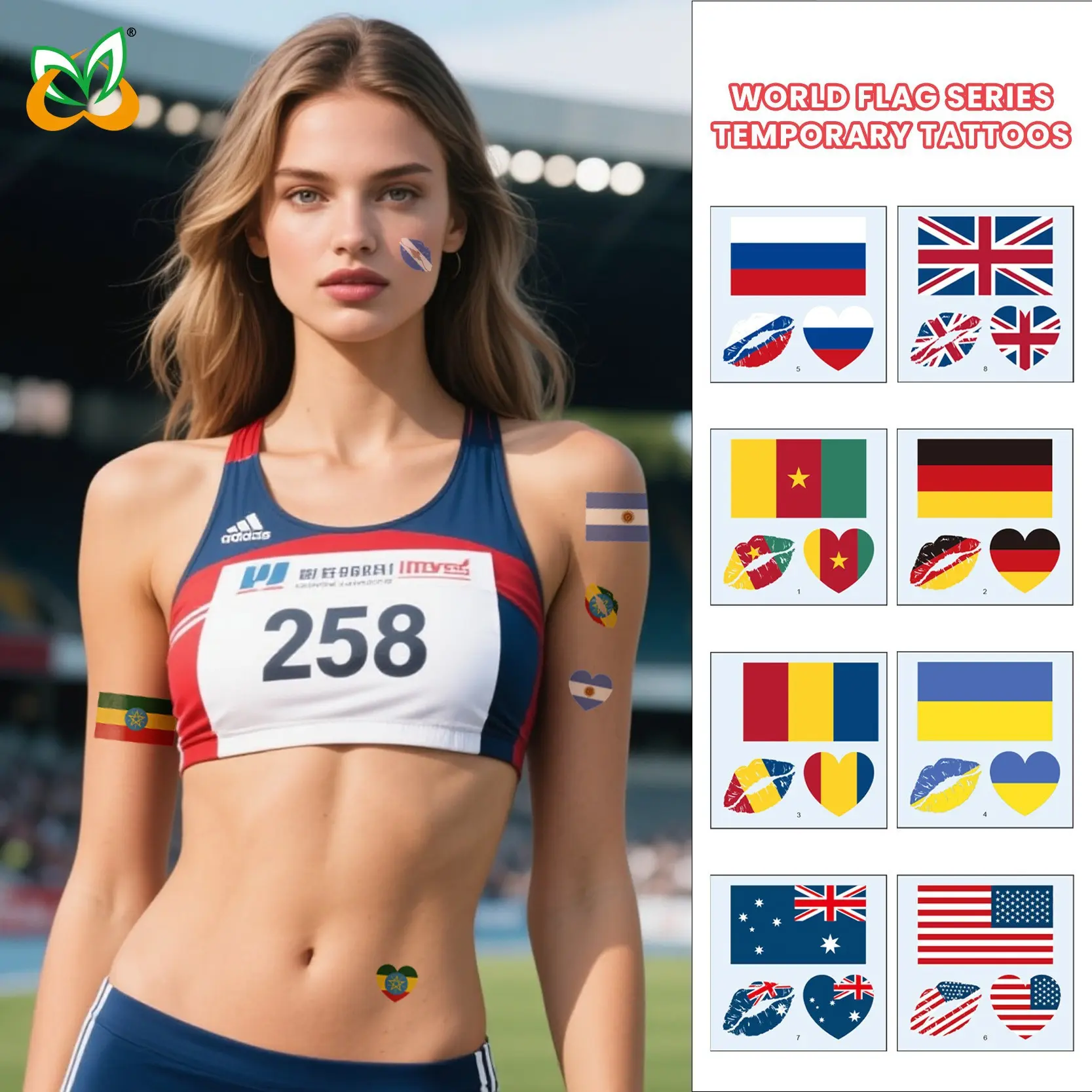 2026 Soccer Season Fan Supplies Waterproof Nations Flag Face Tattoos- 10pcs Per Country, Featuring Top 11 Countries, 2026 Soccer Season Match Day Fan Gift, Waterproof, Easy to Apply/Washable, Sensitive Skin Safe for Sports & National Events