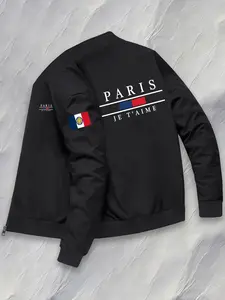 Men's French Flag Letter Paris Print Pilot Jacket, Zip Casual Outerwear, Polyester Fiber Travel Cover