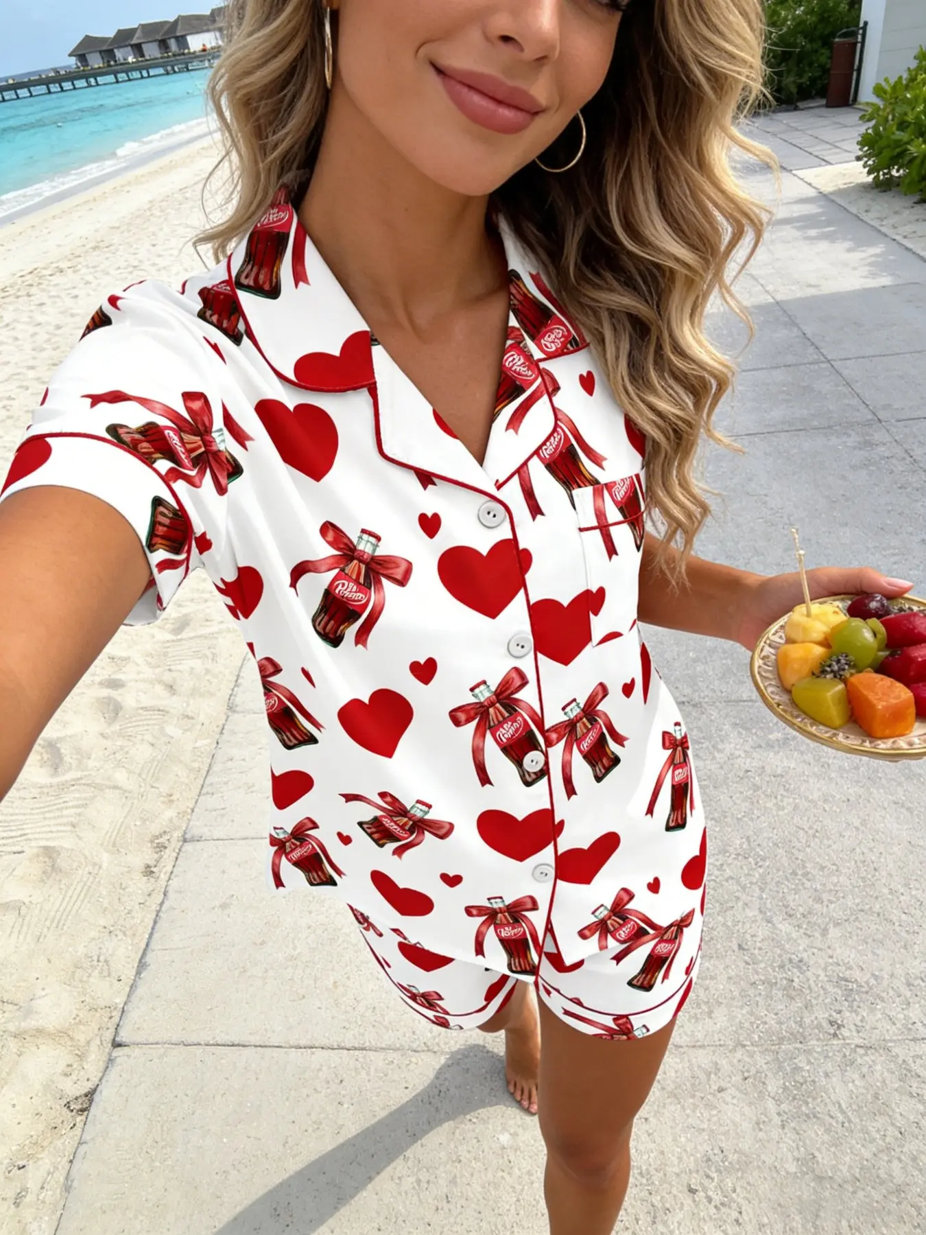 Women's Short Sleeve Pyjama Set, Bottom Heart & Soda Bottle Full Print, Vintage Sweet Cool Style, Comfortable Breathable Home Wear Loungewear Pajamas