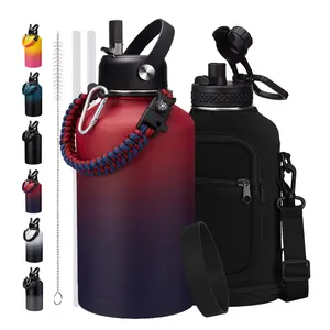 Insulated Water Bottle 64oz - 32 40 64 128 oz Stainless Steel Water Bottles with Straw & Spout Lids, Paracord Handle, Carrier Bag with Strap, Protective Cup Mat, Keep Cold-48H & Hot-12H