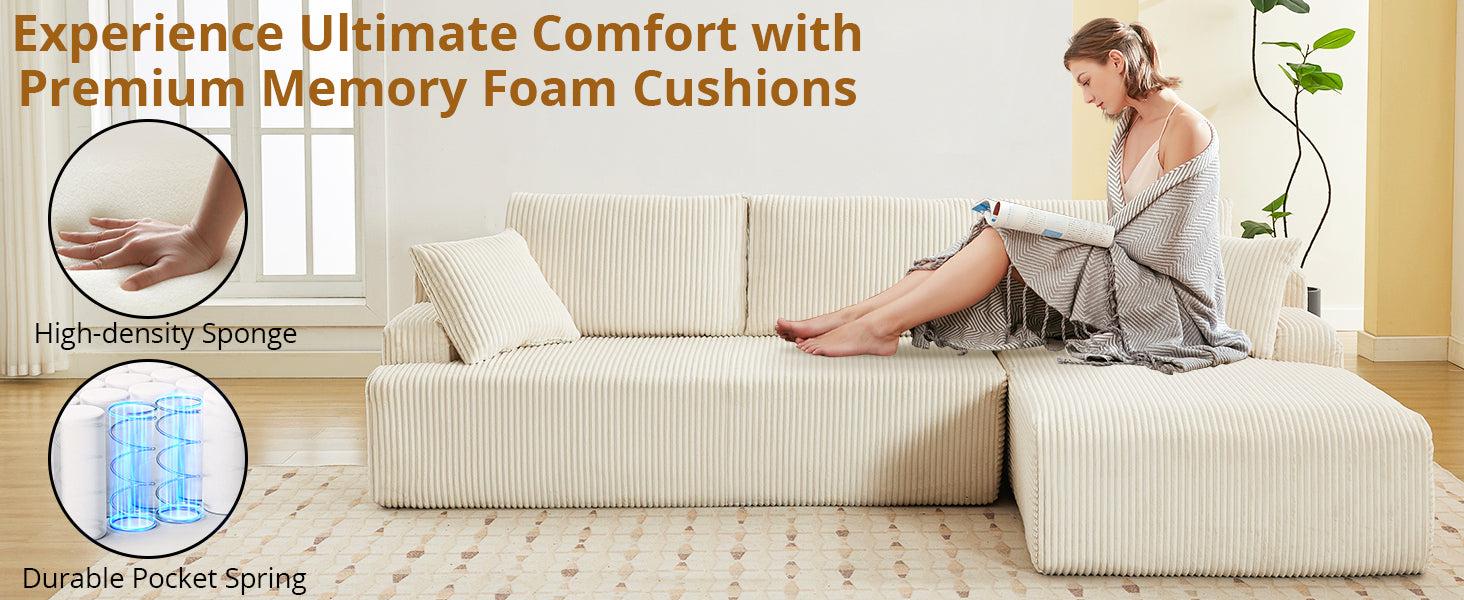 【GARVEE】Discover the 106" Modular Sectional Sofa: a luxurious L-shaped couch featuring a chaise lounge and convertible compression sleeper, crafted from soft corduroy fabric, perfect for any living room or bedroom.
