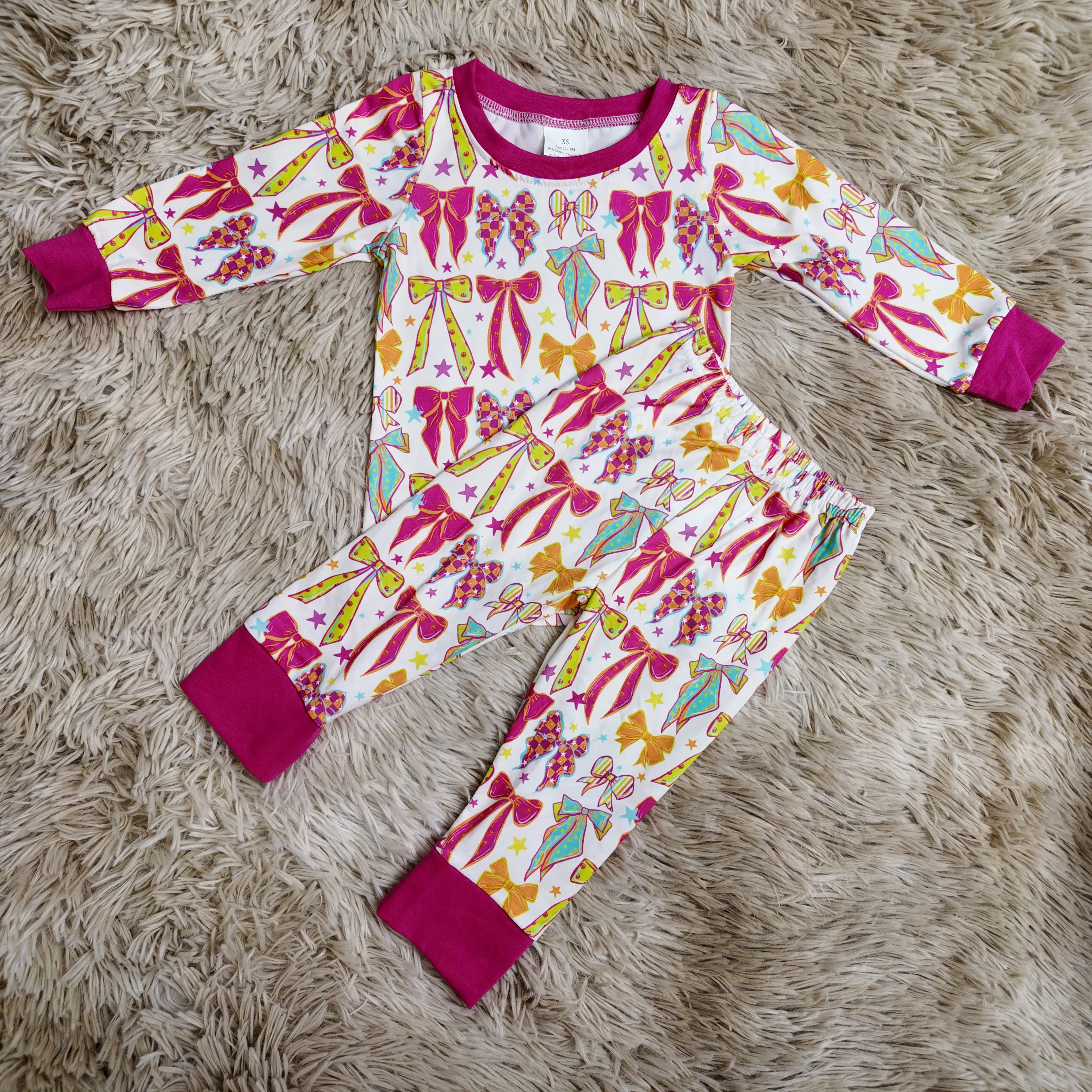 Hot pink long sleeves bows printed sleepwear kids girls pajamas set