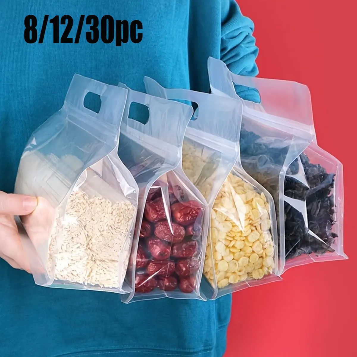 8/12/30pc Leak-Proof Octagonal Reusable Zipper Storage Bags, Durable Plastic Transparent Food Preservation Bags, Snack Containers, Clear Food Storage, Ideal for Kitchen Organization