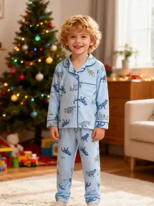 Boys' Dinosaur Pattern Pajama Set & 2-Piece Long Sleeve, Casual Fitted Design for Fall/winter Season, Comfortable Home Wear, Cartoon Print Pajama