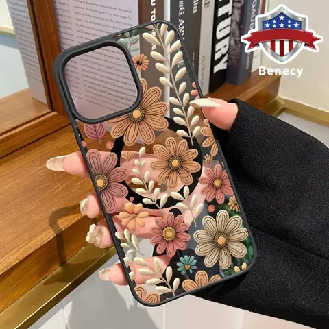 Magnetic Phone Case Supports Wireless Charging for iPhone  17 15 16 14 Pro Max 13 12 11 XR XS Plus E Air Beautiful Flowers Pattern Non-Yellowing Shockproof Soft Silicone Transparent Acrylic Cover Protection Smartphone Casing, Handheld, Cellphone