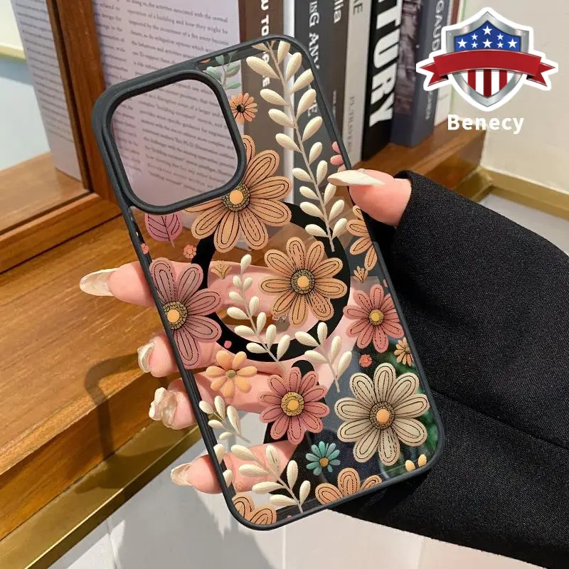 Magnetic Phone Case Supports Wireless Charging for iPhone 17 15 16 14 Pro Max 13 12 11 XR XS Plus E Air Beautiful Flowers Pattern Non-Yellowing Shockproof Soft Silicone Transparent Acrylic Cover Protection Smartphone Casing, Handheld, Cellphone