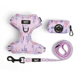 Lavender Fields Dog Walking Set - Adjustable Harness, Leash, & Poop Bag Holder - Hand-Printed Floral Design