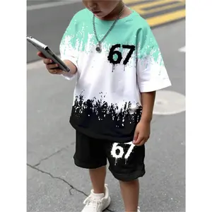 Kids' "67" Paint-Splash 2pcs Set: Mint/White/Black Short-Sleeve Tee& Shorts, Drip Art Number Print, Trendy Urban Design.Soft Breathable Casual Outfit, Cool Street Style for Boys.Perfect Summer Play/Clothes Wear, Comfortable Daily Kids' Clothing.