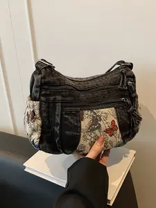 Women's Casual Fabric Crossbody Shoulder Bag, Plain Design Multi-Pocket Butterfly Pattern, Ideal for Daily Use & Travel