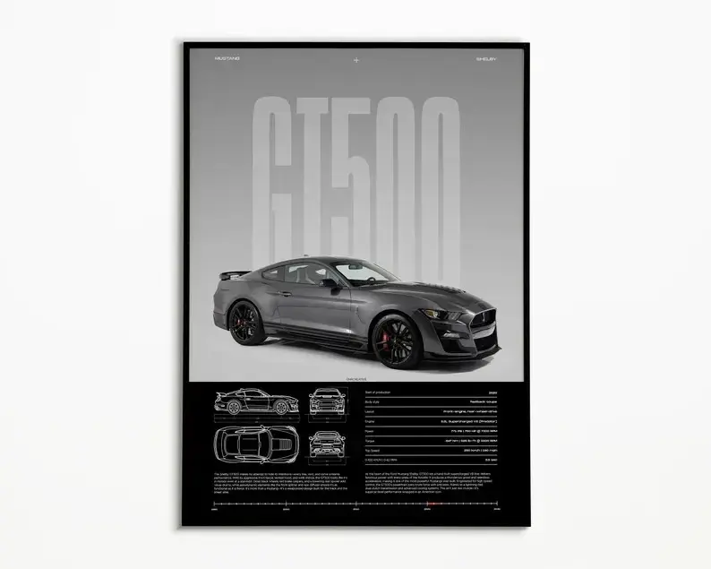 Ford Mustang Shelby GT500 Poster | Supercharged Muscle Car Wall Art | GT500 Poster - Unframed