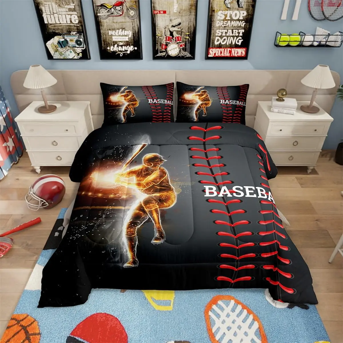 Feelyou Baseball Microfiber Bedding Set - Golden Athlete Soft Comforter Set, Sports-Themed Down Comforter, Outer Space Duvet Insert for Bedroom Use, Soft Bedding Sets