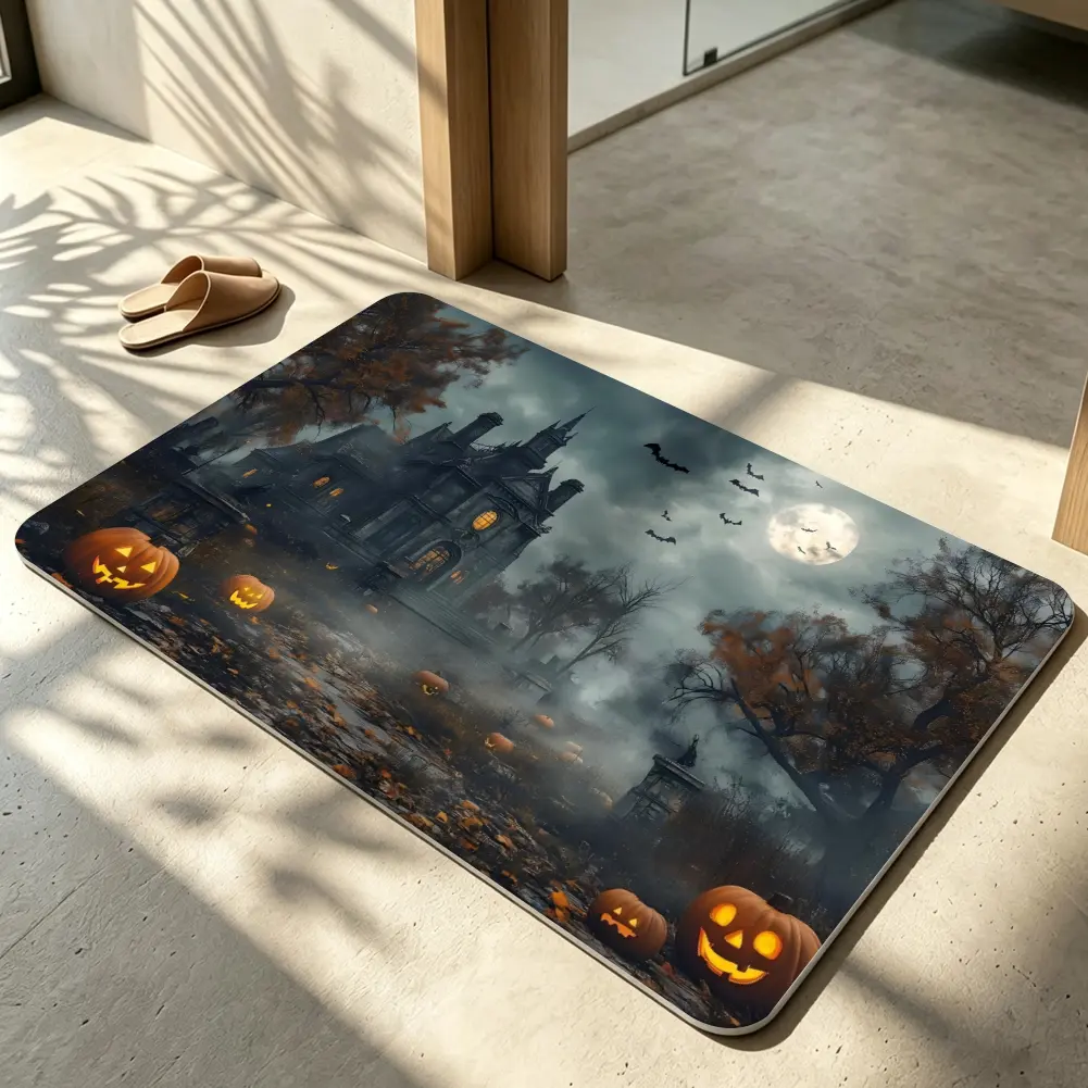 Gothic Mansion Full Moon Door Mat, Glowing Pumpkins Bats Dark Fantasy Art Doormat, Spooky Halloween Indoor Outdoor Non-Slip Floor Mat, Vintage Welcome Entryway Carpet, Haunted Decor