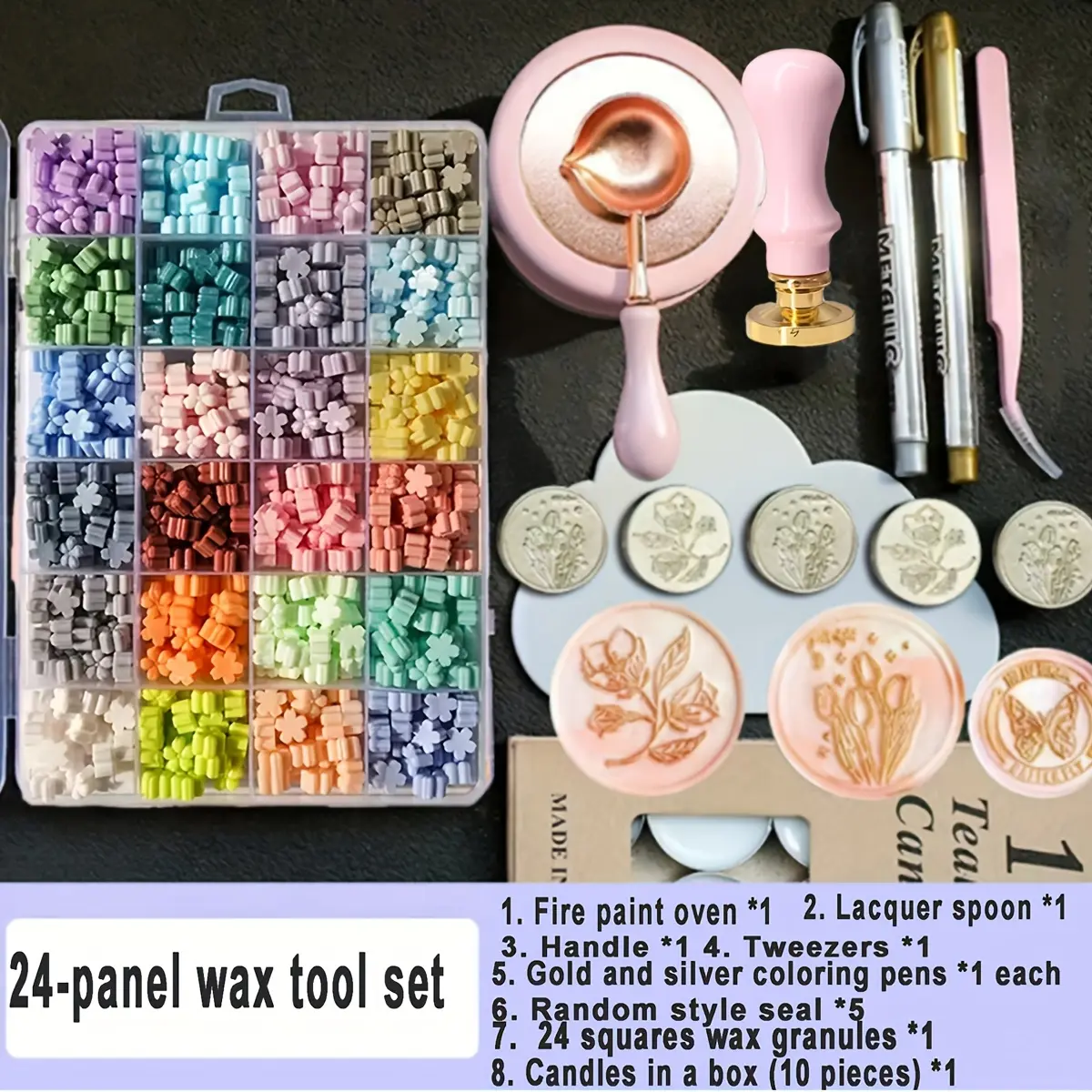 A complete set of sealing wax stamps, including sealing wax tools and stamp heads with 24 wax grains. Sealing wax set.