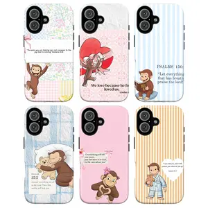 Curious George Bible Phone Case Set – Cute Monkey Christian Faith Aesthetic, Inspirational Scripture Verses Psalms Romans Genesis Quote, Pastel Kawaii Vintage Style, Trendy Gift for Her & Him, Unisex Protective Cover Collection