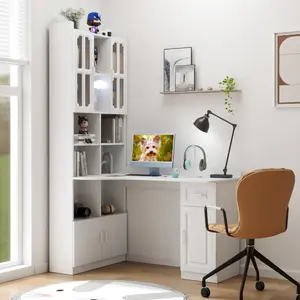 Home Office Desks with Hutch, Drawers, Bookshelf, Storage Cabinet & Glass Doors, Modern Wooden Computer Corner Table for Work, Study, Writing