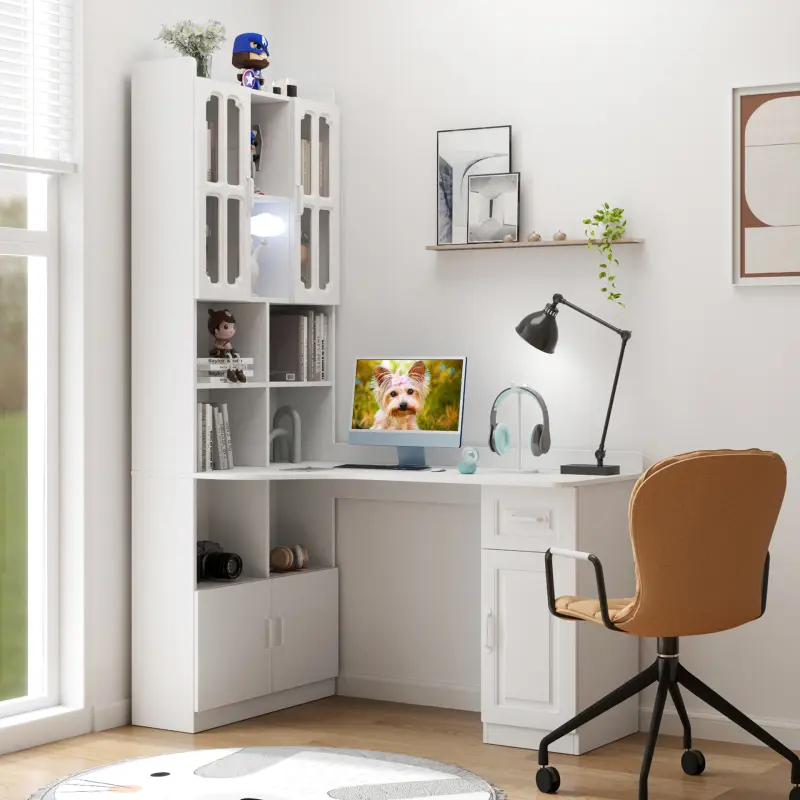 Home Office Desks with Hutch, Drawers, Bookshelf, Storage Cabinet & Glass Doors, Wooden Modern L-Shaped Computer Corner Table for Work, Study, Writing