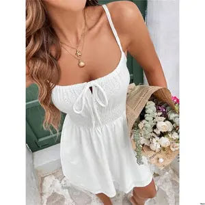 DressesVacationShirredTietiktokFrenchyFrontWaistCamiShortDressForSummerWhiteSundressWomen