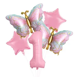 Enchanting Pink Butterfly Balloon Set - 7pcs Number & Happy Birthday Balloons, Ideal for Princess Parties
