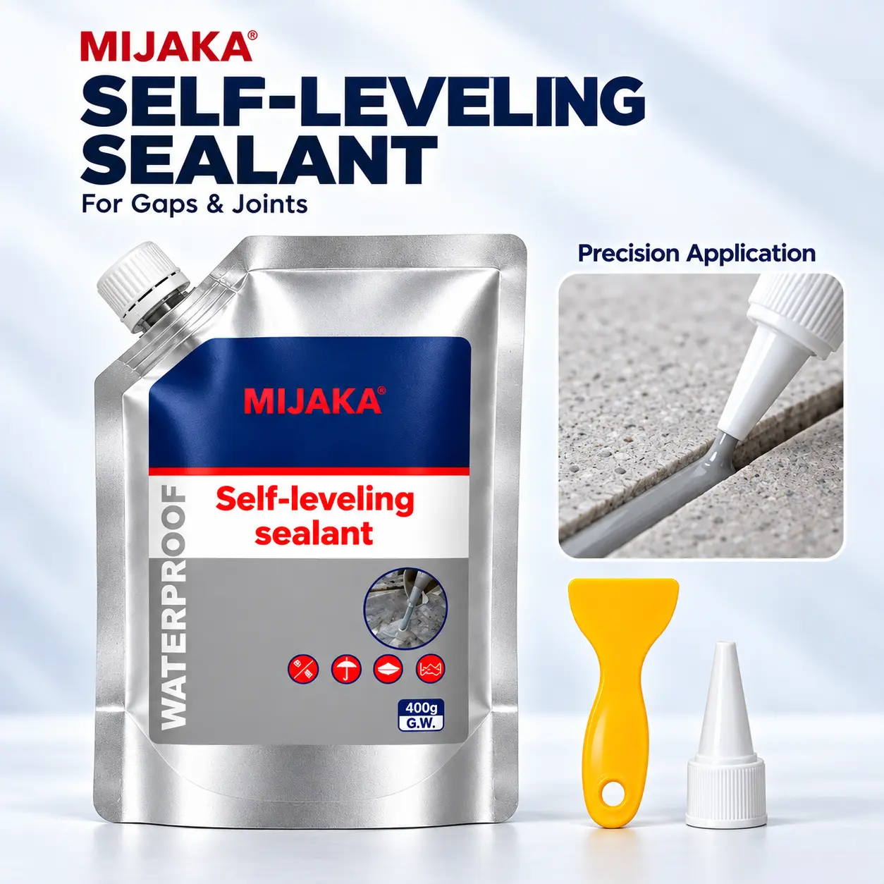 MIJAKA Self-Leveling Concrete Crack & Joint Sealant for Horizontal Driveway & Patio Repairs, 14.1 oz (400 g), Application Tool Included