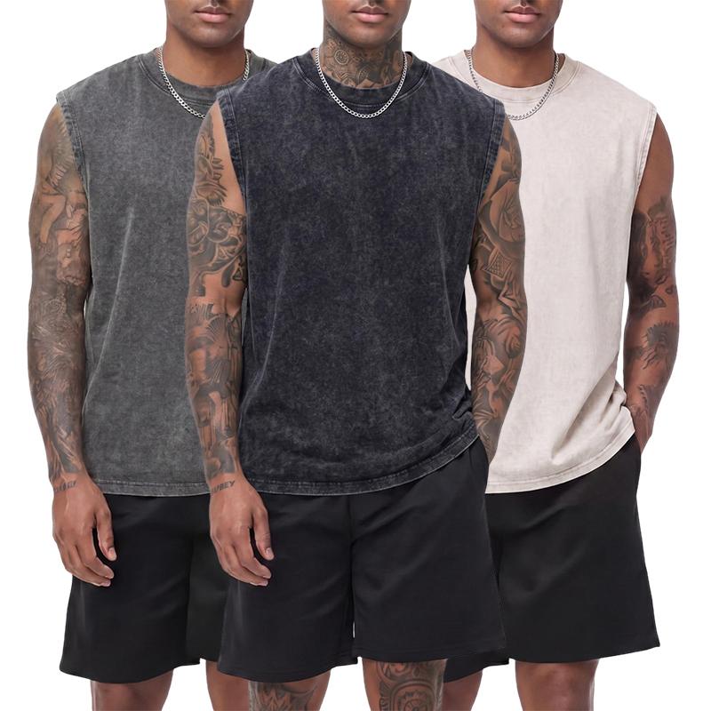 3-pack vintage textured pure cotton sleeveless T-shirts with a distressed wash; crew neck, wide shoulders; casual athletic base layer tank tops for sports, leisure, fitness, running, and basketball.