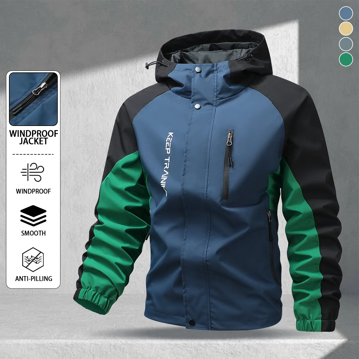 Men’s color-block hooded outdoor windproof waterproof sports jacket with zippered pockets, available in multiple colors