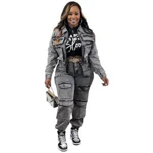 Two piece women's fashionable, sexy, high elasticity, multi pocket washed denim casual suit women's clothing women's suitRAIMENTRY