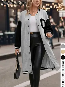 Plus Colorblock Letter Print Button Front Drop Shoulder Loose Midi Varsity Jacket, Casual Contrast Binding Long Sleeve Baseball Collar Coat for Daily