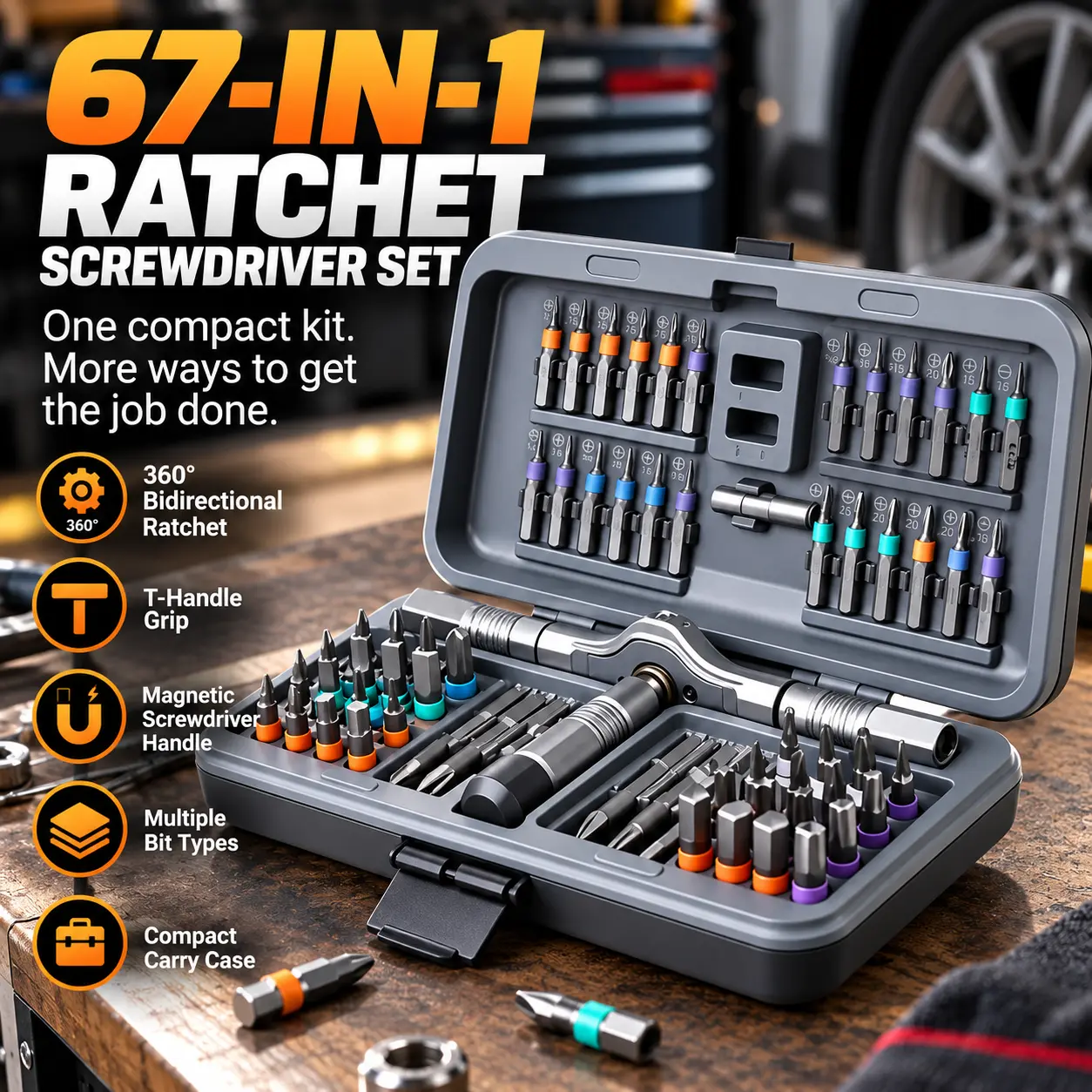 67-in-1 Ratchet Screwdriver Set with 360° Reversible T-Handle, Detachable Magnetic Driver and Multi-Size Bits for Automotive Repair, Household Maintenance & DIY Projects