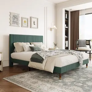 Full Size Bed Frame Upholstered Platform Bed with Fabric Headboard  Wooden/Metal Slats Support  Non-Slip and Noise-Free Easy Assembly  No Box Spring Needed  Dark Green