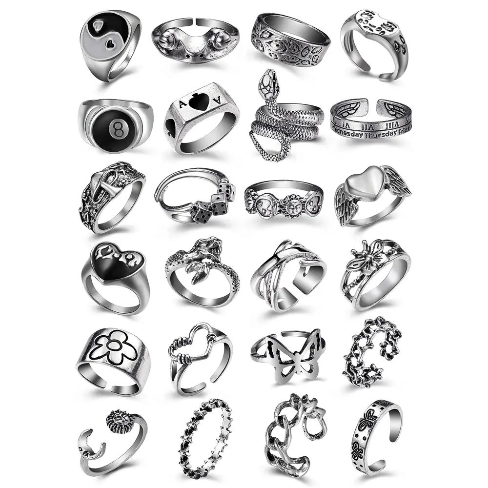 Vintage Silver Open Punk Rings for Men Women, 24PCS Adjustable Rings, Alt Rings, Chunky Silver Rings, Bulky Rings, Hippie Rings ,Cool Gothic Ring,Statement Stacking Ring, Skull Snake Star Flower Heart Eboy Emo Y2K Ring