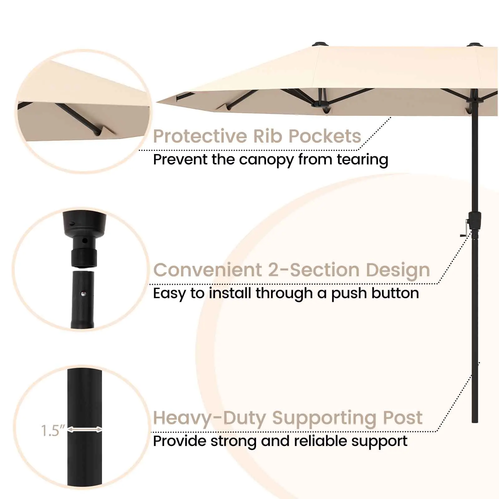 COSTWAY - 13 FT Large Patio Umbrella Outdoor Double-Sided Table Market Umbrella with Crank Handle-Beige