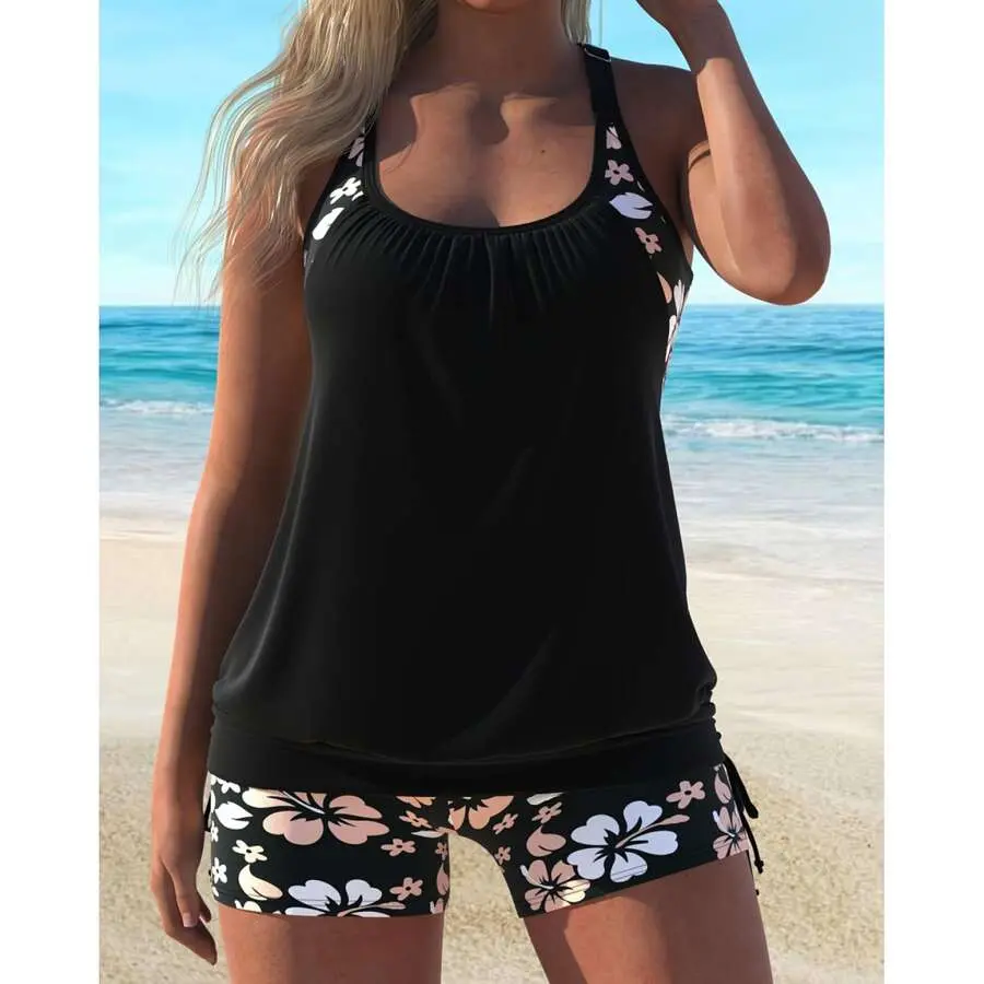 Women's 2-Piece Floral Tropical Hibiscus Print Tankini Set - Drawstring Shorts, Adjustable Fit Beach Swimwear, Summer Vacation Loungewear, Floral Tankini Set, Tropical Print Tankini Sleeveless Swim Top Tankini Set Bathing Tankini Swim Set
