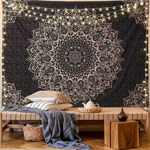 1pc, Black Mandala Tapestry, 140-160g Polyester Jacquard, Floral Pattern, Horizontal, Velvet Cover, Wall Hanging for Home Decor, Eid Celebration, Easy Installation