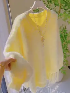 Autumn Winter New Women's Faux Fur Knit Sweater, Fringe, Loose Fit Batwing Sleeve Design, Warm & Cozy Casual Wear, Knitwear, Womenswear