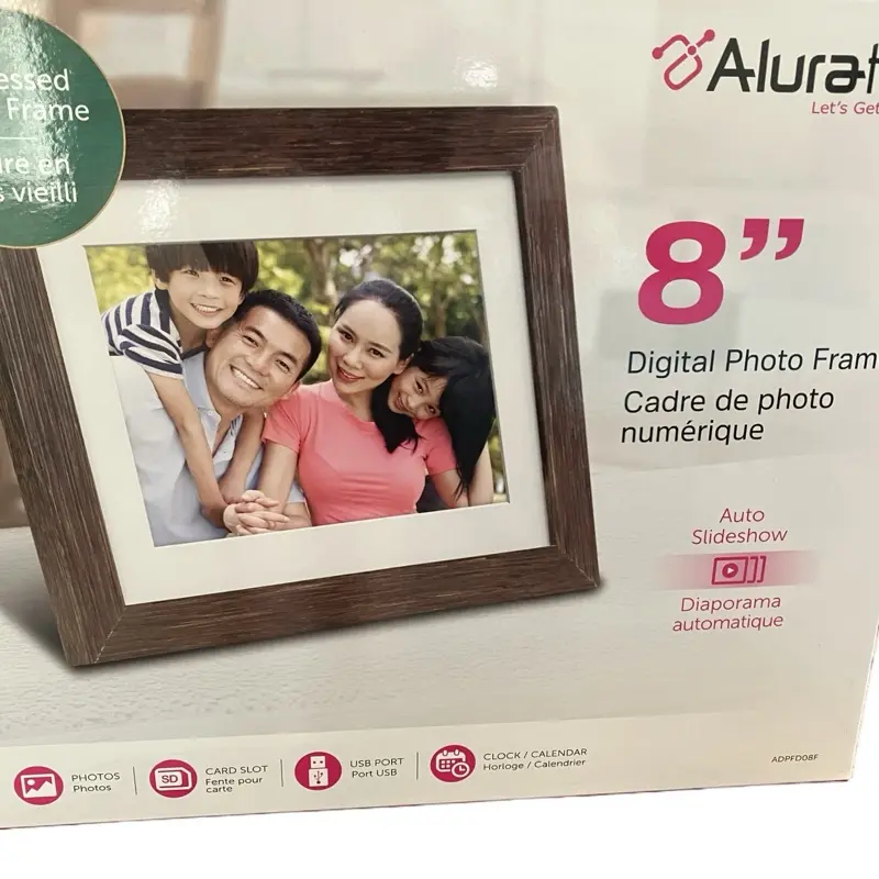 Aluratek 8" Digital Photo Frame with Auto Slideshow Feature for Photos & Cards, Clock/Calendar Function, Compact Design