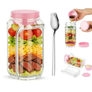 Salad Jar with Side Opening & 2.5oz Dressing Cup | 1000ML Vertical Layering Mason Jar Salad Container for Lunch | Leak-proof Design, Lid Converts to Bowl | BPA-Free for Office, Picnic, Travel, Meal Prep