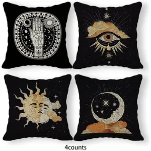 Witch Room Decor Cushion Cover without Filler, 4 Counts/set Sun & Moon & Eye Pattern Cushion Cover, Household Decoration Supplies for Home Living Room Bedroom, Bedroom Decorative Accessories