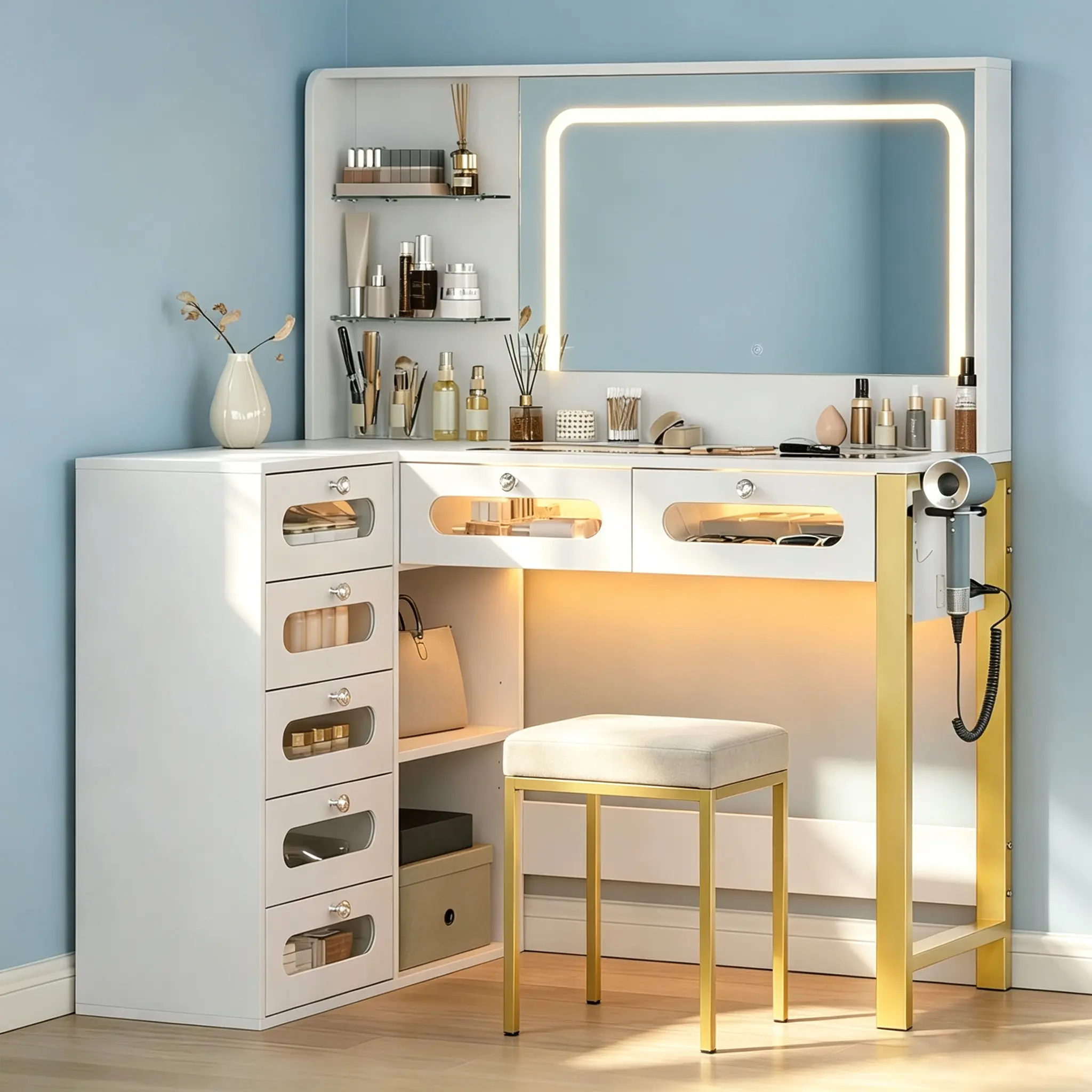 CollaredEagle Vanity Desk with Mirror and Lights,43" Big Modern Vanity Desk, Transparent Top Vanity with 2 RGB Drawers, with Power Outlet Modern Ample Storage Dressing Table