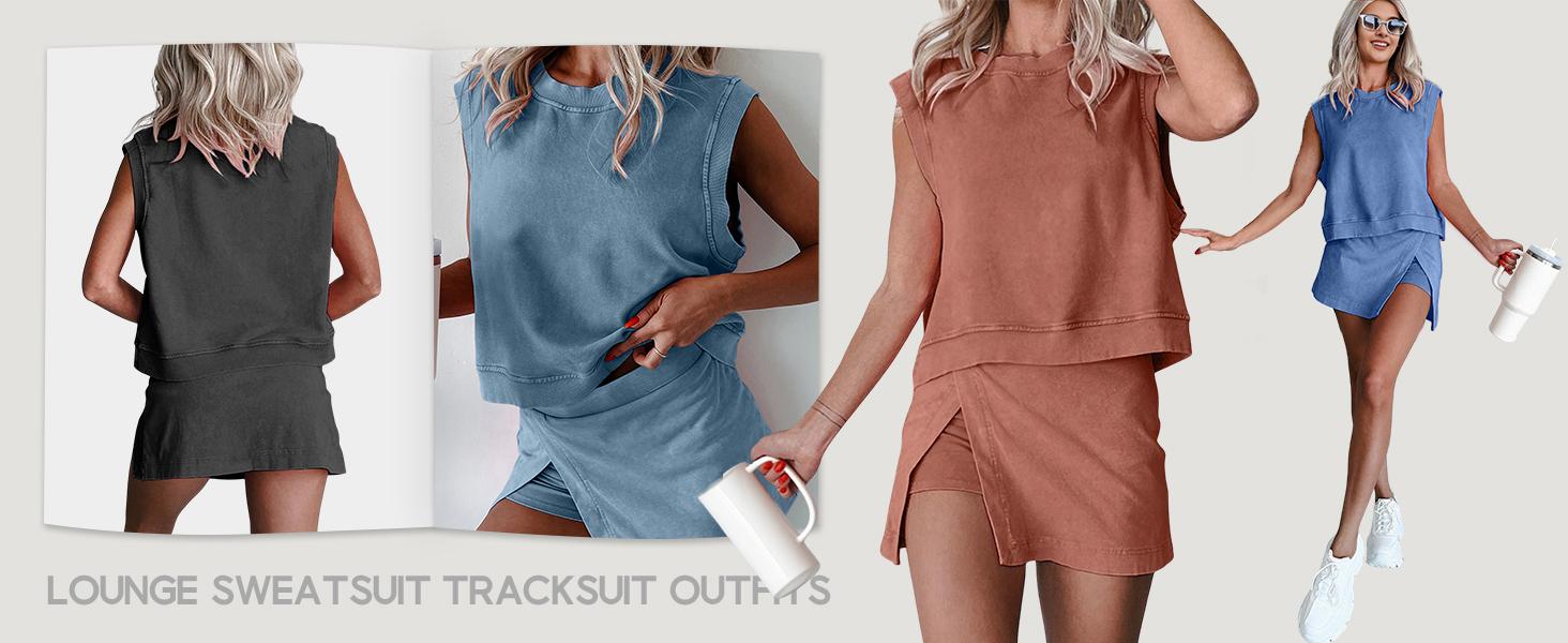 Yeokou Women's Travel Outfits Summer Lounge Set Two Pieces Mineral Wash Cotton Tank Top Lined Split Athletic Skirt Set Yeokou Women's Travel Outfits Summer Lounge Set Two Pieces Mineral Wash Cotton Tank Top Lined Split Athletic Skirt Set
