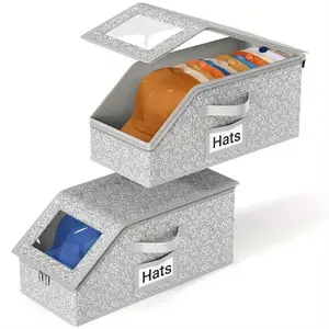 Stackable & Foldable Hat Storage Box for Baseball Caps -Closet Organizer Holds Up to 24 Hats, Clear Window Lid, Closet & Under-Bed Organizer for Men & Women - for Space-Saving Hat Box for Bedroom, Shelf, Dorm, Travel Use