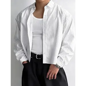 Men's Minimalist Striped Long Sleeve Shirt, Casual Relaxed Fit Lapel Button Front Cropped Top for All Season, Fashion Men's Casual Button Collared Clothes for Daily Wear, Casual Longsleeves Top Menswear Beige