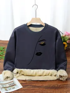 Autumn Winter Fashion Fleece Sweatshirt, Fun Face Print Long Sleeve Warm Sports Top, Casual Fit Comfortable Outdoor Wear