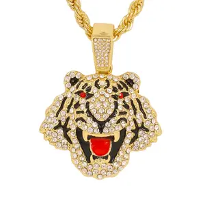 Iced Medium Tiger Pendant with 4mm Rope Chain 24"